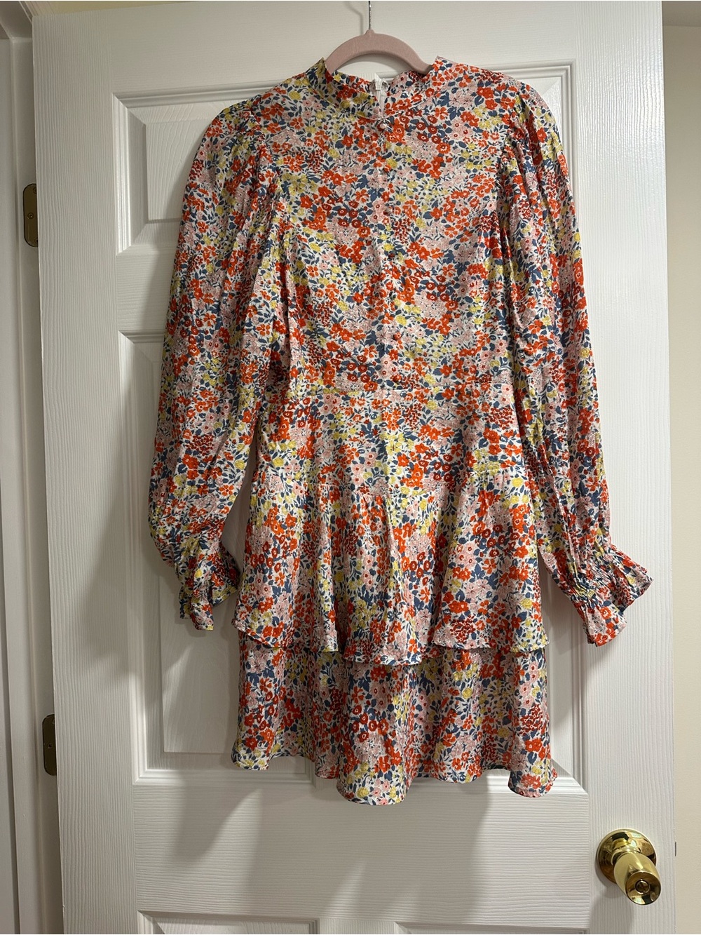 Karlie Floral Tiered Long-Sleeve Mini Dress - White/Red/Blue